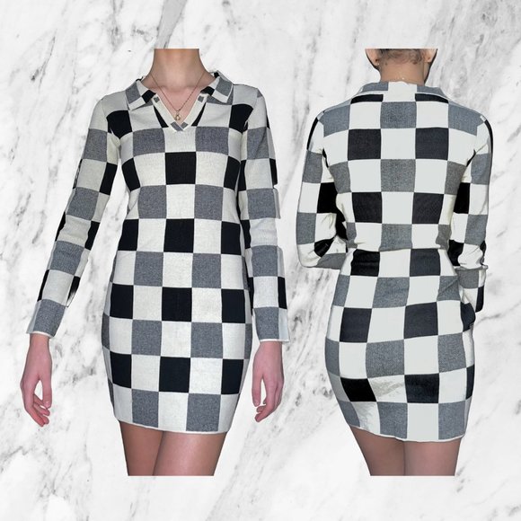 Cider Knit Game Night Checkered Mini Dress; Black, Grey, Cream Checkerboard - Picture 1 of 6